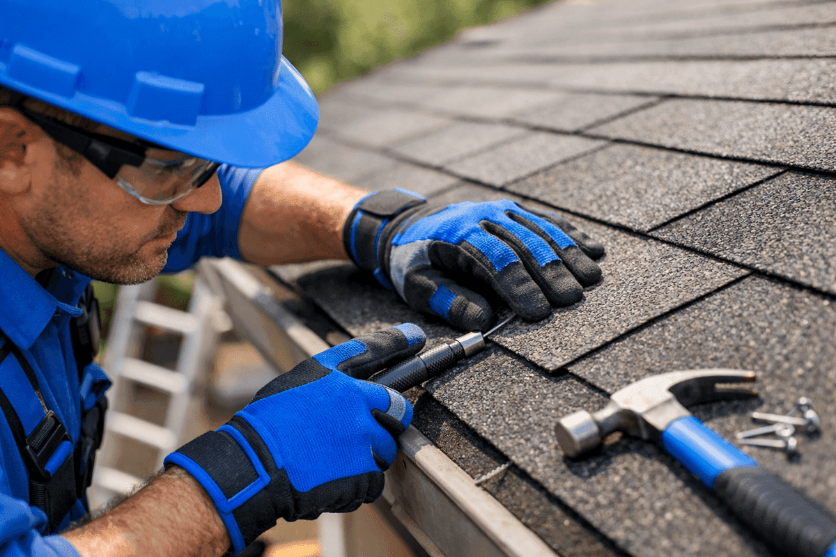 Close-up of roofer’s gloved hands aligning asphalt shingles on a clean roof